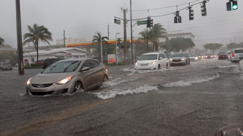 Autos circulan por una calle inundada el 12 de abril de 2023 en Dania Beach, Florida. (Joe Raedle/Getty Images)