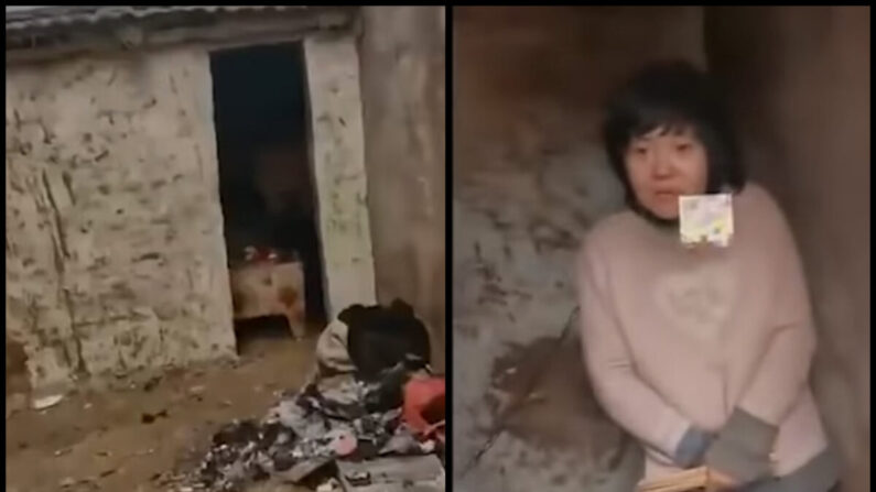 Capturas de vídeo de una madre de ocho hijos encadenada en una cabaña de una aldea de la ciudad de Xuzhou, Jiangsu, China, en enero de 2022. (Capturas de pantalla vía Douyin)