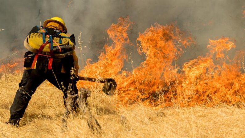 Imagen de archivo de un bombero apagando un incendio forestal. EFE/Noah Berger 