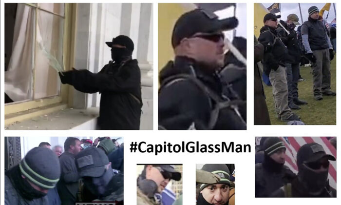 Sedition Hunters proporcionó a Bobby Powell numerosas fotos que muestran a un hombre al que Powell filmó cometiendo actos vandálicos en el Capitolio el 6 de enero de 2021. (Sedition Hunters vía Bobby Powell)