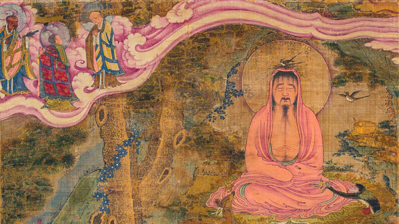 Dejar ir el ego y las creencias limitantes nos abre a la autotransformación. Detalle del "Milagro del Dragón", 1600, con buda Shakyamuni representado en meditación sentado con pájaros anidando sobre su cabeza. (Dominio publico)