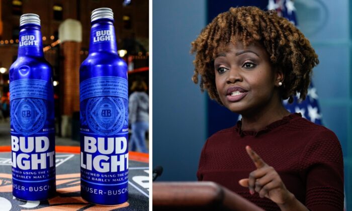 Botellas de cerveza Bud Light (izquierda) sobre una mesa en Oriole Park, en Baltimore, Maryland, el 19 de septiembre de 2019. (Rob Carr/Getty Images); La secretaria de prensa de la Casa Blanca, Karine Jean-Pierre (derecha), en la Casa Blanca, el 20 de abril de 2023. (Drew Angerer/Getty Images)
