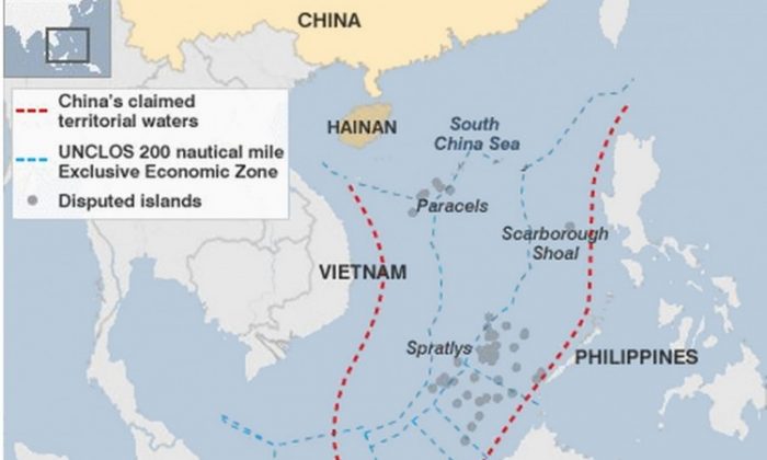 Mapa de las aguas disputadas por China en el Mar de China Meridional. (UNCLOS y CIA)