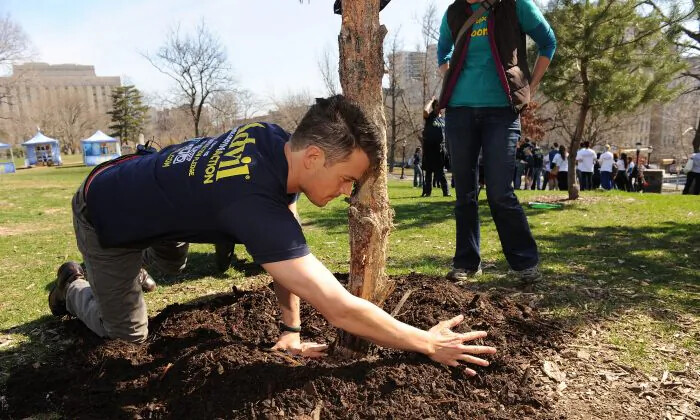 El actor Josh Duhamel se ofrece como voluntario para limpiar el Parque Franz Sigel en el Bronx, Nueva York, como parte de la Semana Nacional del Voluntariado el 12 de abril de 2014. (Craig Barritt/Getty Images para Advil)