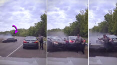 VIDEO muestra aterrador momento en que auto a alta velocidad se sale de control y “rodea” a un oficial