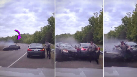 VIDEO muestra aterrador momento en que auto a alta velocidad se sale de control y «rodea» a un oficial