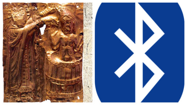 (Izquierda) La historia de la figura clerical Poppa y el bautismo de Harald se representan hoy en un retablo dorado de la iglesia de Tamdrup, en Dinamarca (Anagoria/CC BY 3.0); (Derecha) El logotipo de Bluetooth combina las iniciales del rey: H (ᚼ) y B (ᛒ). (Pixabay/flag)