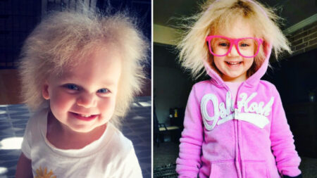 Adorable niña apodada «Baby Einstein 2.0» tiene el pelo rubio que le crece en múltiples direcciones