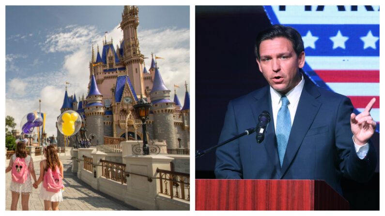 (Izq.) Visitantes se detienen para tomarse una foto en el parque Magic Kingdom de Walt Disney World Resort, en Lake Buena Vista, el 11 de julio de 2020. (Kent Phillips/Walt Disney World Resort vía Getty Images) (Der.) El gobernador de Florida, Ron DeSantis, habla a los invitados a la cena anual de recaudación de fondos del Partido Republicano del Condado de Marathon, Lincoln Day Dinner, en Rothschild, Wisconsin, el 06 de mayo de 2023. (Scott Olson/Getty Images)