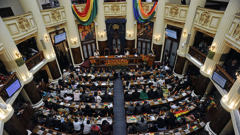 Vista general de Senadores y Diputados durante una sesión de honor de la Asamblea Legislativa por el tercer aniversario del Estado Plurinacional de Bolivia en La Paz, el 22 de enero de 2013. (Jorge Bernal/AFP vía Getty Images)