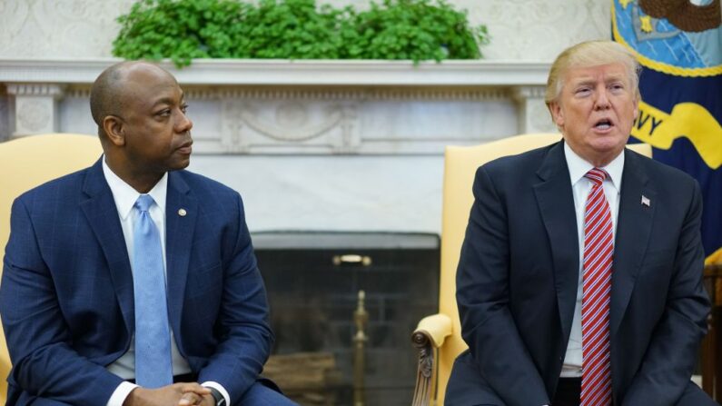 El senador republicano Tim Scott y el entonces presidente Donald Trump en el Despacho Oval de la Casa Blanca en Washington el 14 de febrero de 2018. (Mandel Ngan/AFP/Getty Images)