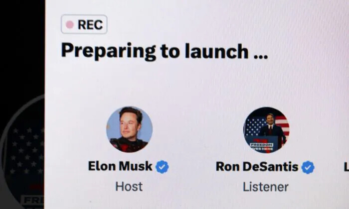 En esta ilustración, el gobernador de Florida, Ron DeSantis, se une a Elon Musk en Twitter Spaces para anunciar formalmente su candidatura a la nominación republicana a la presidencia, en Chicago el 24 de mayo de 2023. (Scott Olson/Getty Images)
