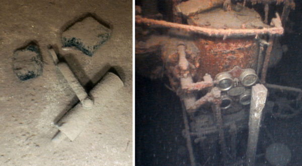 (Izquierda) Un silbato de vapor desprendido del vapor C.F. Curtis, que se hundió en el Lago Superior en 1914; (Derecha) Indicadores de la caldera del vapor C.F. Curtis. (Cortesía del Great Lakes Shipwreck Museum)