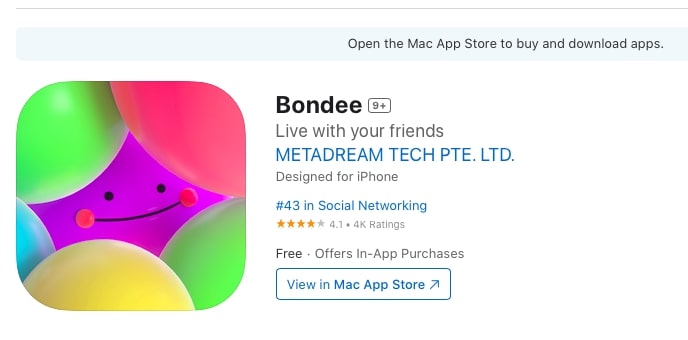 Aplicación Bondee en Apple Store. (Captura de pantalla de The Epoch Times)