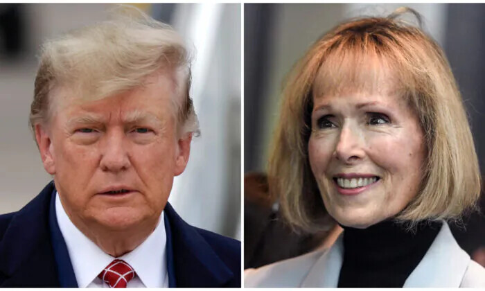 (Izquierda) El expresidente Donald Trump desciende de su avión en el aeropuerto de Aberdeen, en Aberdeen, Escocia, el 1 de mayo de 2023. (Jeff J Mitchell/Getty Images); (Derecha) La columnista E. Jean Carroll llega para su juicio civil contra el expresidente Donald Trump en el Tribunal Federal de Manhattan, en Nueva York, el 8 de mayo de 2023. (Stephanie Keith/Getty Images)
