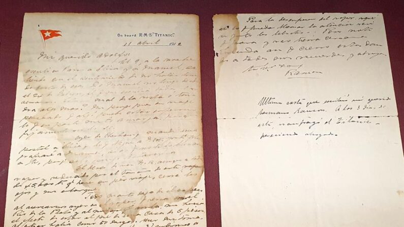 Una carta escrita a bordo del RMS Titanic por un pasajero uruguayo y enviada desde Irlanda a su hermano el 11 de abril de 1912 que será subastada en Montevideo (Uruguay). EFE/Santiago Carbone
