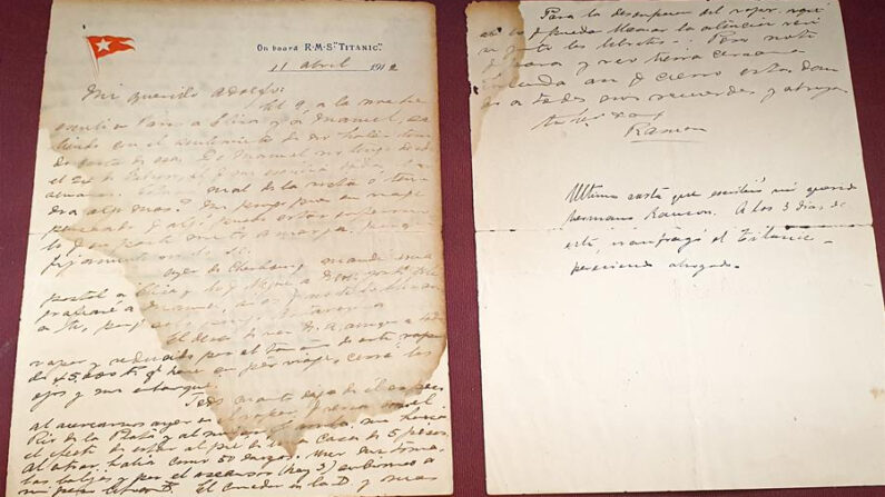 Detalle de una carta escrita a bordo del Titanic que fue subastada este viernes, 30 de junio de 2023, en Montevideo (Uruguay). EFE/Santiago Carbone
