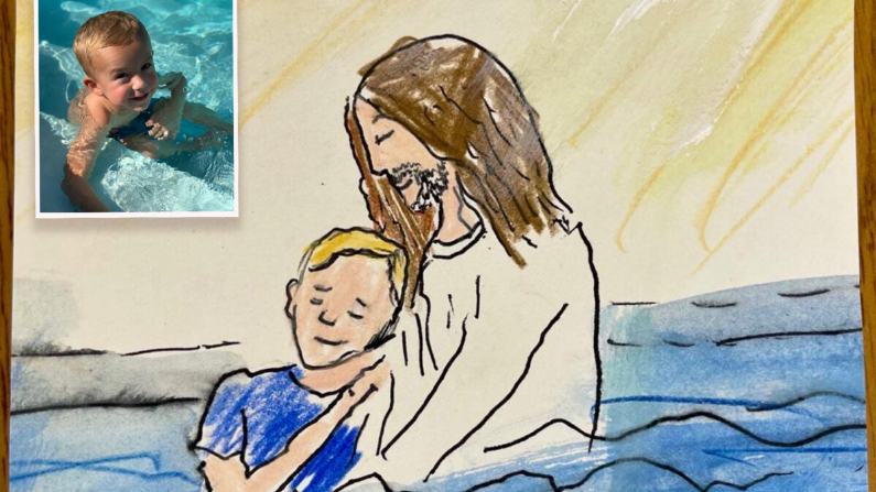 Max McKee, de seis años, hizo este dibujo en el que aparece en brazos de Jesús en la piscina en colaboración con la artista Anna Dieter Rachal en un campamento de arte en 2021. (Cortesía de Courtney McKee)