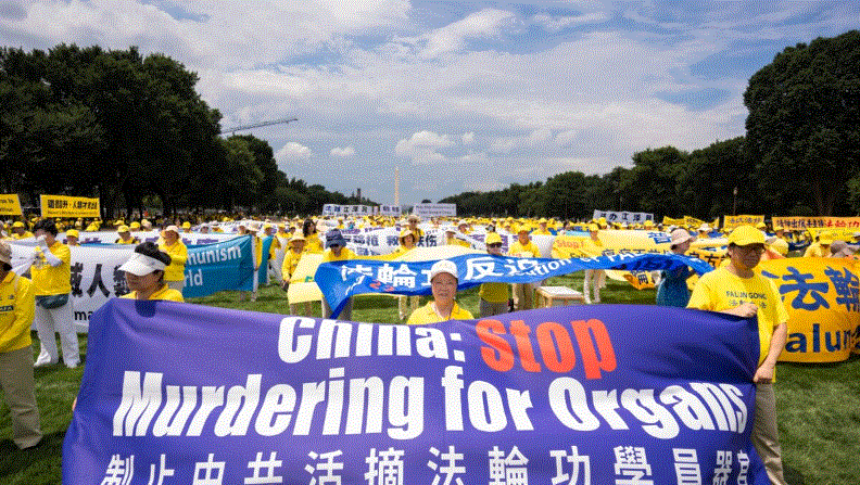 Practicantes de Falun Gong participan en una manifestación para conmemorar el 23 aniversario del inicio de la persecución del régimen chino contra el grupo espiritual, en el National Mall de Washington el 21 de julio de 2022. (Samira Bouaou/The Epoch Times)