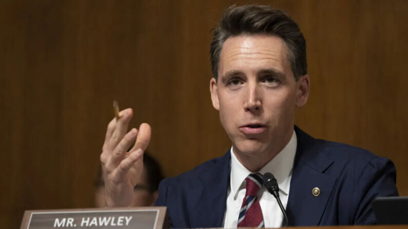 El senador Josh Hawley (R-Mo.) hace preguntas a los testigos mientras testifican ante el Subcomité Judicial sobre Política de Competencia, Antimonopolio y Derechos del Consumidor, en Washington, el 21 de septiembre de 2021. (Ken Cedeno/Pool/Getty Images)