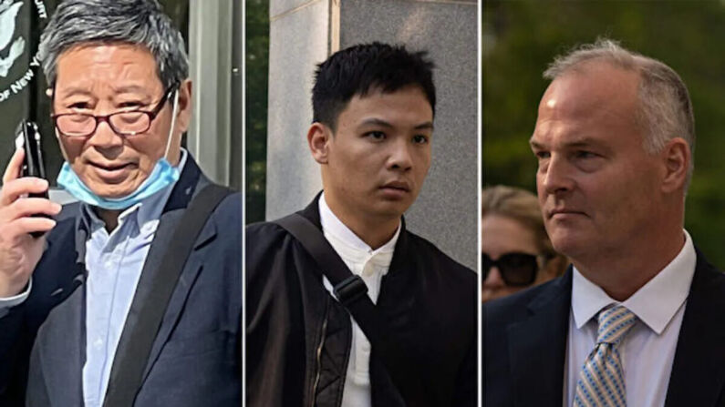 Tres acusados condenados en el caso relacionado con la Operación Fox Hunt: (De Izq. a Der.) Zhu Yong, Zheng Congying y el exagente del Departamento de Policía de Nueva York Michael McMahon. (Cai Rong, Getty Images/The Epoch Times)