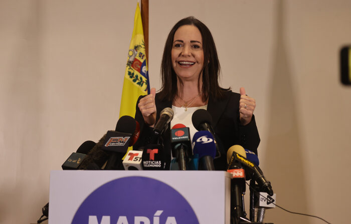 La opositora venezolana María Corina Machado ofreció una rueda de prensa este martes, en Caracas, Venezuela. EFE/ Miguel Gutierrez