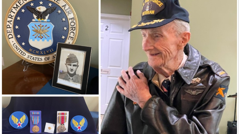 El veterano Edwin Smith, de 100 años, recibe sus medallas militares. (Cortesía de Paula L. Ratliff )