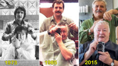 Hombre se toma selfies con el mismo peluquero durante 50 años luciendo el mismo corte de cabello