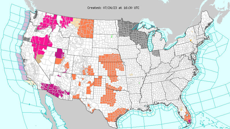 El mapa del Servicio Meteorológico Nacional (NWS) muestra las "advertencias de calor excesivo" y avisos de calor que estarán en vigor en Estados Unidos el 24 de julio de 2023. (Weather.gov)
