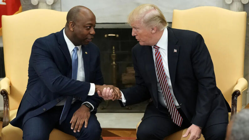 El entonces presidente Donald Trump estrecha la mano con el senador Tim Scott (R-SC) durante una sesión de trabajo sobre las Zonas de Oportunidad proporcionadas por la reforma tributaria en la Oficina Oval de la Casa Blanca, el 14 de febrero de 2018 en Washington, D.C. El presidente Trump recibió a un grupo de funcionarios locales electos, empresarios e inversionistas para discutir "cómo la designación de 'Zonas de Oportunidad' en la Ley de Empleos y Reducción de Impuestos estimulará la inversión y el crecimiento del empleo en comunidades en dificultades". (Foto de Alex Wong/Getty Images)