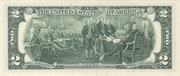 El reverso de un billete de $2 de la serie de 2003 representa la firma de la Declaración de Independencia. (Dominio público)