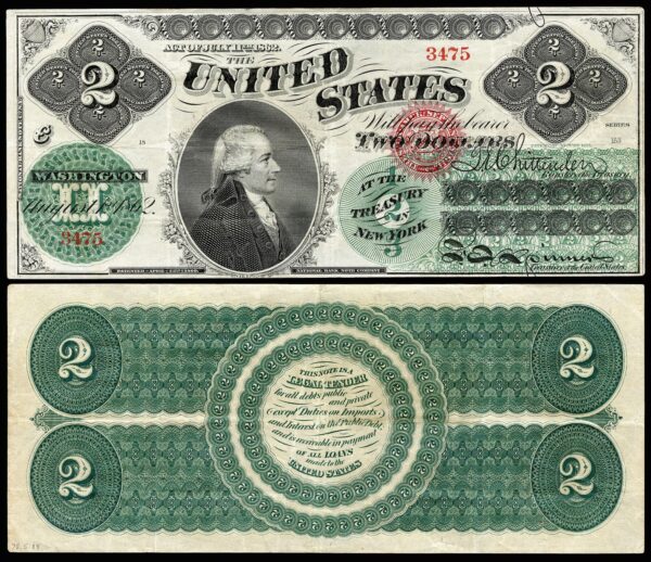 Un billete de $2 de 1862, sin circular, está valorado en $2,800 en subasta. (Colección Numismática Nacional, Museo Nacional de Historia Americana/CC BY-SA 4.0)