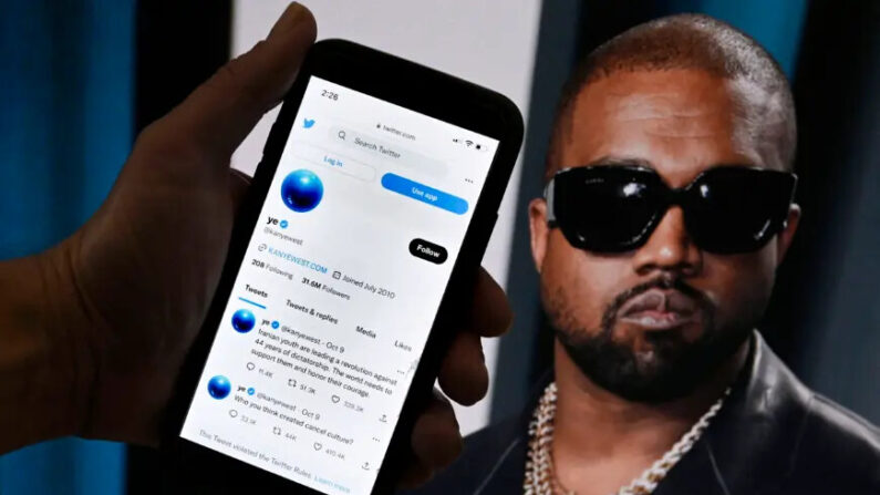 La cuenta de Twitter de Kanye West se muestra en un teléfono móvil con una foto de él de fondo en Washington, el 28 de octubre de 2022. (Olivier Douliery/AFP vía Getty Images)