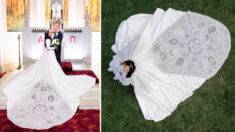 Novia cose su propio vestido de novia con encaje de bolillos hecho a mano por mujeres de 15 países