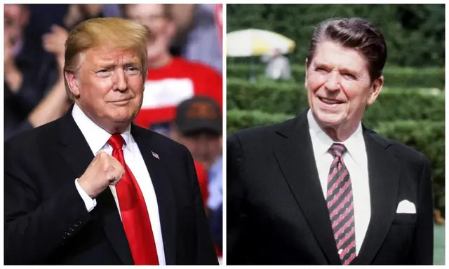 El presidente Donald Trump en un mitin MAGA en Grand Rapids, Michigan, el 28 de marzo de 2019, y el presidente Ronald Reagan en Ottawa, Canadá, el 18 de julio de 1981. (Charlotte Cuthbertson/The Epoch Times y Georges Bendrihem/AFP/Getty Images)