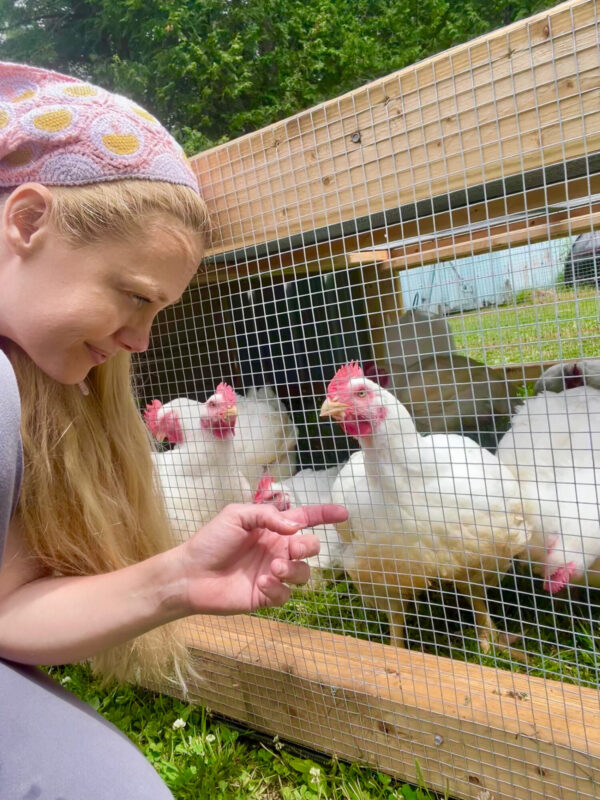 La Sra. Thrush con una gallina criada por ella. (SWNS)