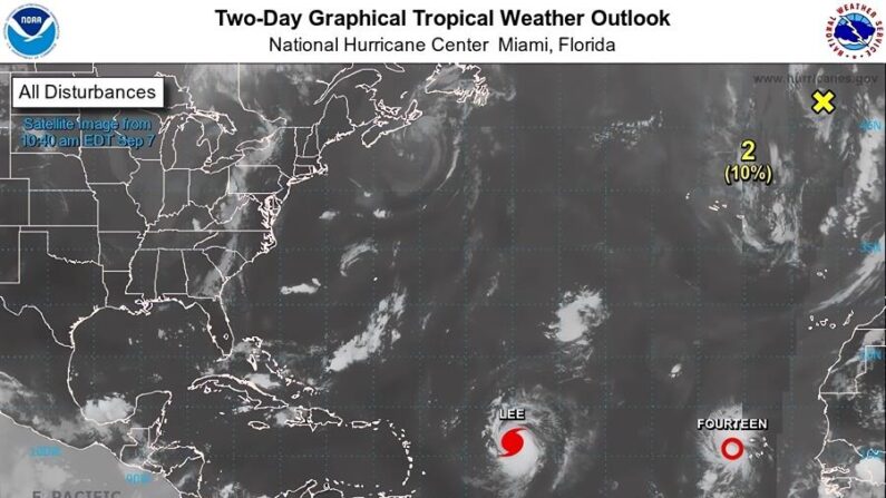 Imágen satelital cedida este 7 de septiembre de 2023 por la Oficina Nacional de Administración Oceánica y Atmosférica (NOAA) a través del Centro Nacional de Huracanes (NHC) de Estados Unidos que muestra la localización del huracán Lee y de la depresión 14 en el Atlántico. EFE/NOAA-NHC