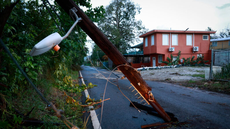 Vista de un poste de electricidad derribado el 20 de septiembre de 2022 en Cabo Rojo, Puerto Rico. (Jose Jimenez/Getty Images)