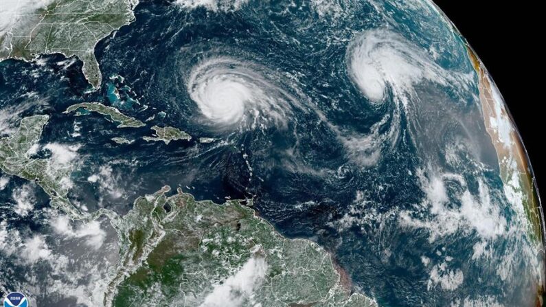 Fotografía satelital cedida este lunes por el Oficina Nacional de Administración Oceánica y Atmosférica (NOAA) a través del Centro Nacional de Huracanes (NHC) de Estados Unidos donde se muestra la localización del huracán Lee por el Atlántico. EFE/NOAA-NHC