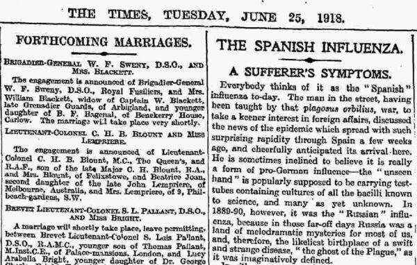 Portada de The Times (Londres), 25 de junio de 1918: "La gripe española" (Dominio público)