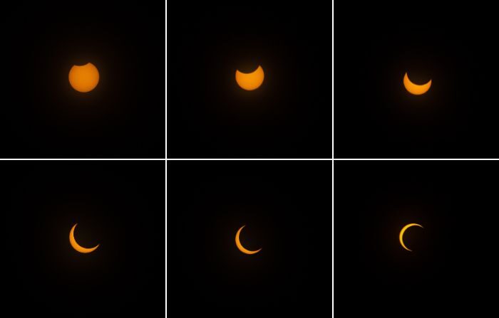 Serie de fotografías que muestra la secuencia del eclipse solar anular o “anillo de fuego”, desde Playa del Carmen en Yucatán, México, el 14 de octubre de 2023. (Faridy Contreras Deustúa | The Epoch Times México)