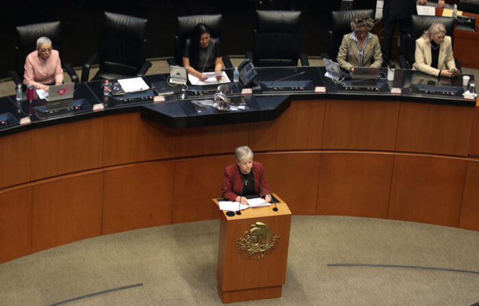 La canciller mexicana, Alicia Bárcena, habla durante su comparecencia ante el pleno del Senado, el 17 de octubre 2023, en la Ciudad de México. (EFE/Madla Hartz)