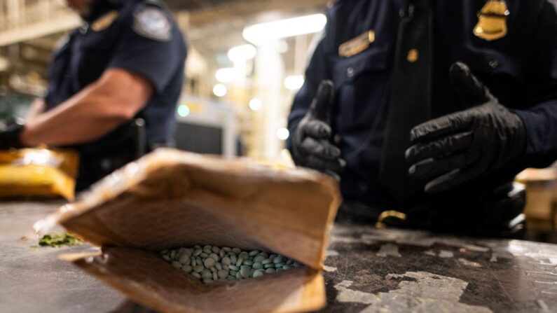 Un oficial de la División de Carga, Comercio y Protección Fronteriza de EE. UU. encuentra pastillas de oxicodona en un paquete en las instalaciones del Servicio Postal de EE. UU. del aeropuerto John F. Kennedy el 24 de junio de 2019 en Nueva York. (JOHANNES EISELE/AFP a través de Getty Images)