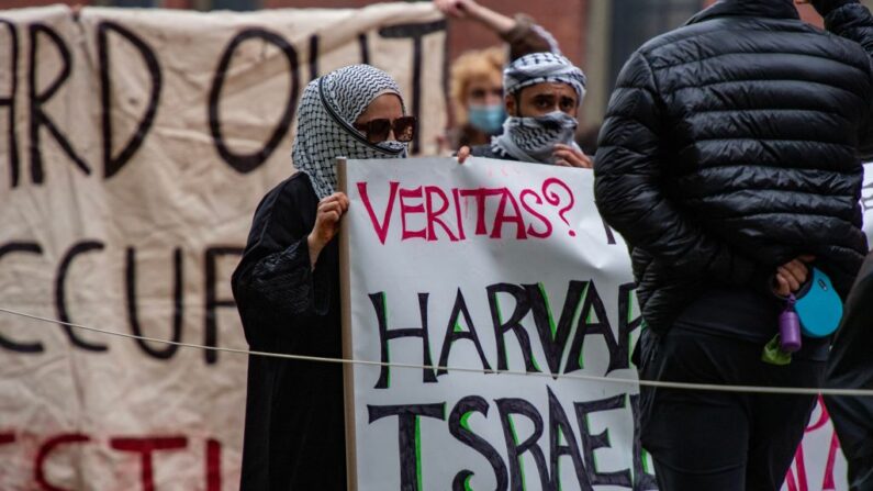 Partidarios de Palestina se reúnen en Harvard Yard para mostrar su apoyo a los palestinos de Gaza en una concentración en Cambridge. (JOSEPH PREZIOSO/AFP vía Getty Images)