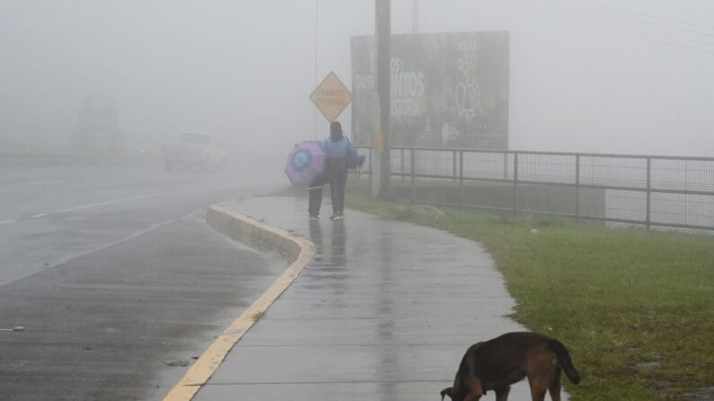 Personas caminan por una calle bajo fuertes lluvias en Tegucigalpa, Honduras, el 30 de octubre de 2023. Se preveee que la tormenta tropical "Pilar", formada en el océano Pacífico, tocará tierra mañana. (ORLANDO SIERRA/AFP via Getty Images)
