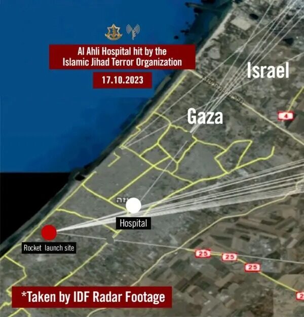 Mapa facilitado por las Fuerzas de Defensa de Israel (FDI) el 17 de octubre del 2023, que muestra la trayectoria de los cohetes disparados por la Organización Terrorista Yihad Islámica hacia Israel que, según afirman, alcanzaron el hospital Al Ahli. (Cortesía de las FDI)