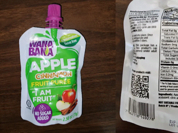 Los purés de manzana y canela de la marca WanaBana están siendo retirados del mercado debido a una posible contaminación por plomo. (FDA)