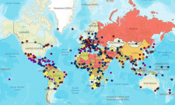 Un mapa del Departamento de Estado de EE. UU. muestra las alertas de viaje en todo el mundo. Los países marcados en rojo oscuro son lugares a los que los estadounidenses no deben viajar. (Departamento de Estado de EE. UU./Captura de pantalla vía The Epoch Times