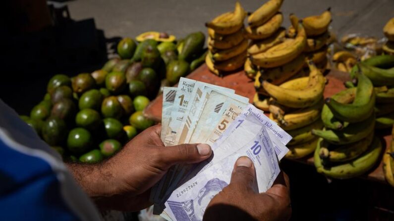 Un vendedor informal cuenta billetes de bolívar en el mercado de Quinta Crespo (Venezuela), en una fotografía de archivo. EFE/ Rayner Peña R.
