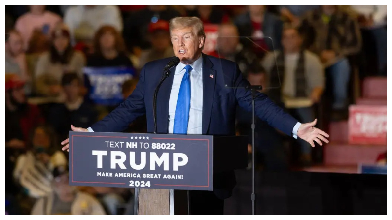 El candidato presidencial republicano, el expresidente Donald Trump, pronuncia un discurso durante un acto de campaña, en Claremont, Nuevo Hampshire, el 11 de noviembre del 2023. (Scott Eisen/Getty Images)